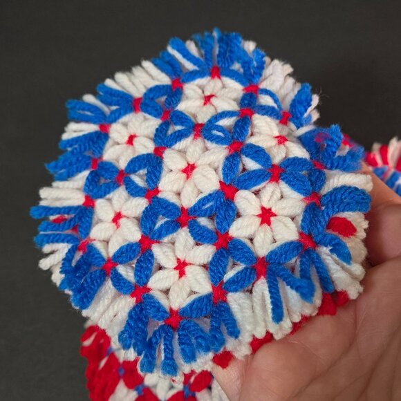 Set (8) VTG Handmade Red White Blue Crochet Coaster Trivet 5" Patriotic Hot Pads - Picture 4 of 8